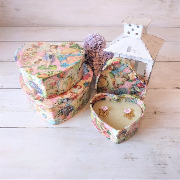 Avon Jewelry - Avon Set of 3 Nested Heart Boxes w/Pink & Gold Tone Flower Earrings New in Box